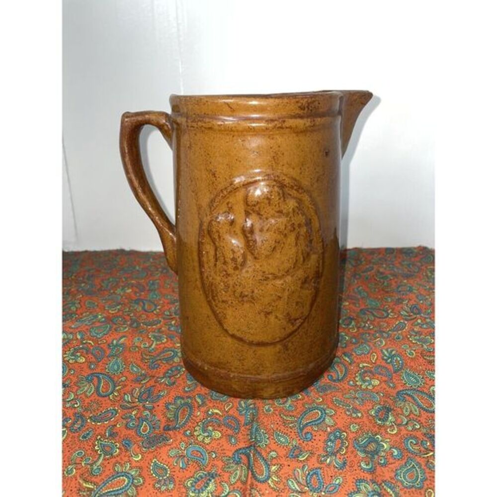 Stoneware Brown Pitcher 1905-1925 "Girl‎ With Dog"